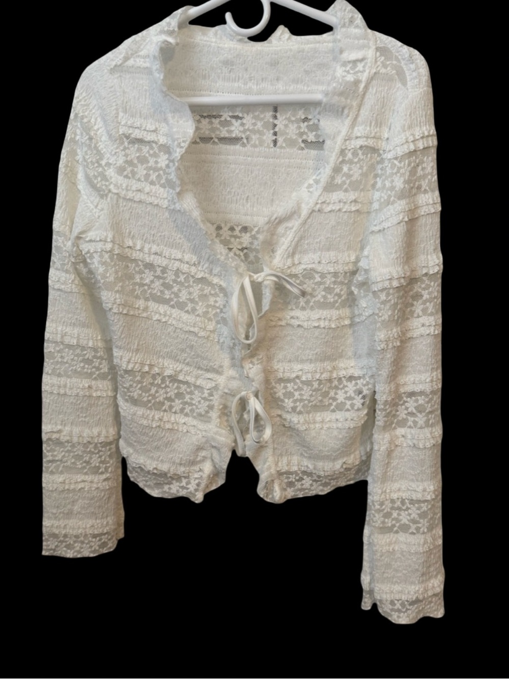 Ethereal Fairy Angelcore Crinkle Lace Coquette Tie Front Flare Sleeve Womens Top